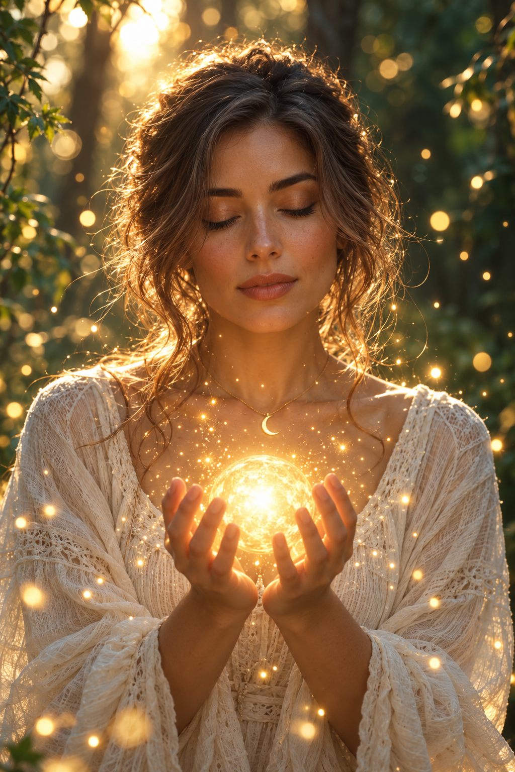 Cristal Rose holding a glowing golden orb in a sunlit woodland
